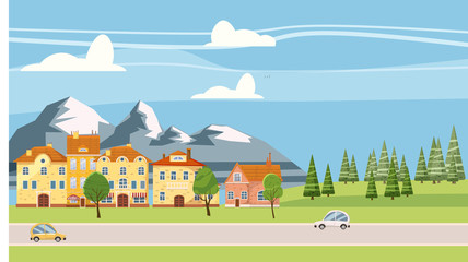 Cute cityscape, beautiful houses, mountains, cartoon style, isolated, vector, illustration