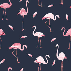 Obraz premium Exotic pink flamingos flock flamboyance colony and feather seamless pattern on dark blue navy background. Wading bird species realistic detailed vector design illustration.