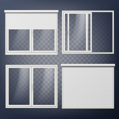 Plastic Door Vector. Sliding. White Roller Shutter. Opened And Closed. Energy Saving. PVC Profile. Isolated On Transparent Background Illustration