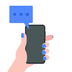 Hand holding black mobile phone with blue chat bubbles on the screen isolated on background. Smartphone on human's hand chating vector illustration