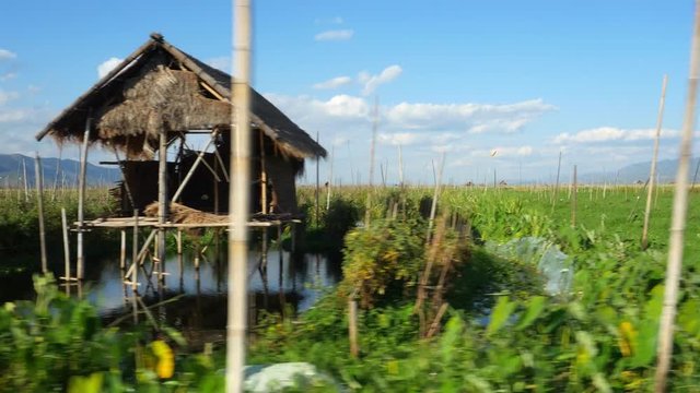 View of traditional floating garden and stilt houses on Inle Lake, Shan State, Myanmar (Burma).