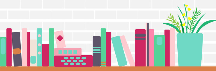 vector illustration of bookshelves with retro style books and flowers