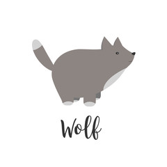  baby animal and hand letters. Greeting card with cute wolf. cartoon illustration of baby animals. Logo, badges, banners, emblem and design elements.