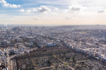 Paris, panorama, aerial view, Montparnasse cemetery and beautiful buildings 
