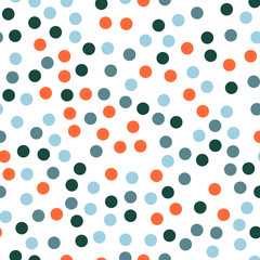 Colorful polka dots seamless pattern on white 26 background. Pleasing classic colorful polka dots textile pattern. Seamless scattered confetti fall chaotic decor. Abstract vector illustration.