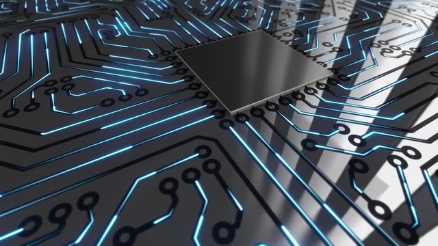 Seamless looping 3d animated text &ldquo;Cyber war&rdquo; landing on a computer circuit board and triggering a red shockwave in 4K resolution