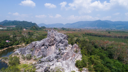 Aerial drone view of beautiful rock, forest and mountain landscape in Thailand