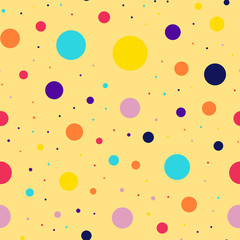 Memphis style polka dots seamless pattern on yellow background. Lovely modern memphis polka dots creative pattern. Bright scattered confetti fall chaotic decor. Vector illustration.