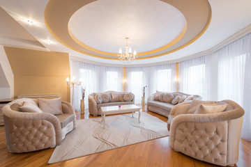 Interior of a luxury living room with round, circle, ceiling