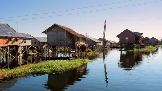 Inle Lake, Shan State, Myanmar (Burma), view of stilt houses at traditional floating village.
