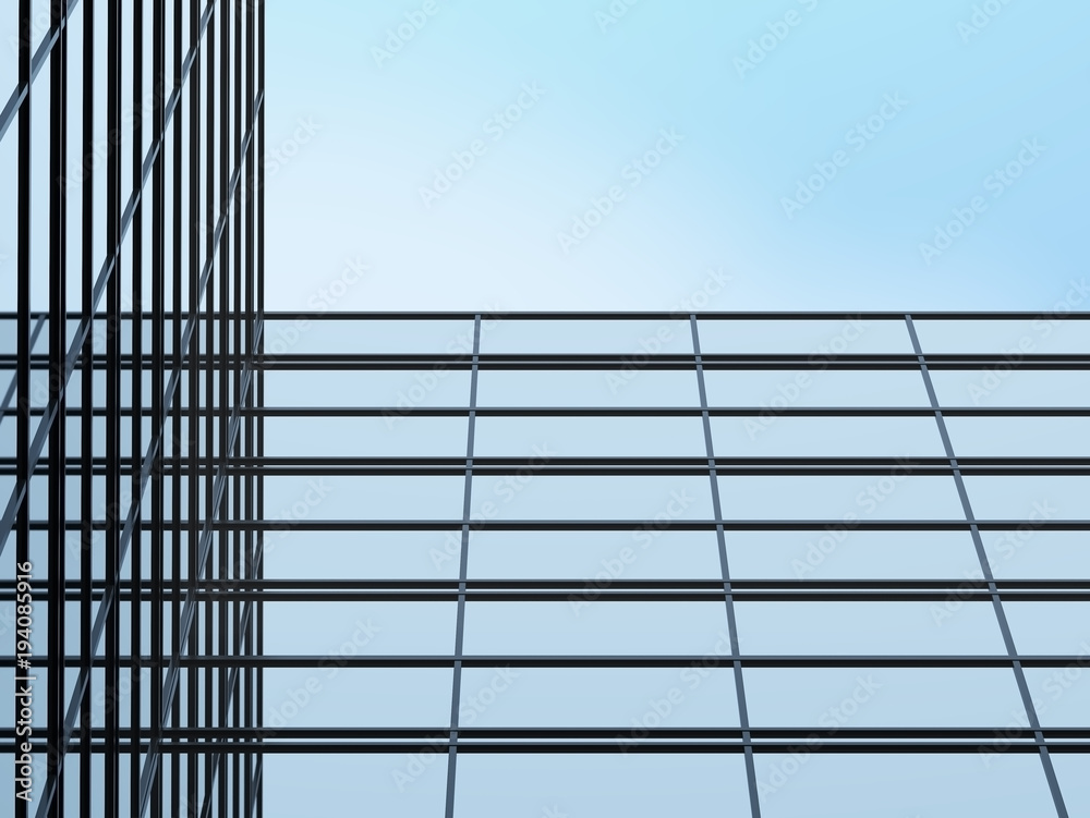 Aufkleber 3d stimulate of high rise glass building and dark steel window system on blue clear sky background,b