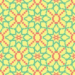 Seamless pattern with geometric green and pink elements. Yellow multi colored background