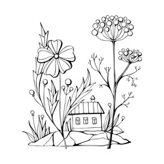 Coloring book with tiny fairy house under big beautiful flowers. Vector illustration.