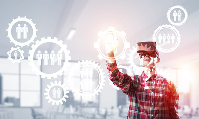 Guy wearing checked shirt and virtual mask demonstrating some emotions