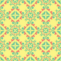 Seamless background with floral pattern. Bright yellow, pink and blue background