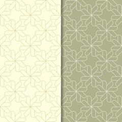 Olive green geometric ornaments. Set of seamless patterns