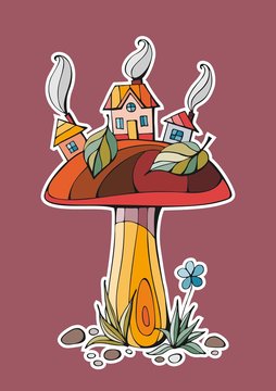 mushroom houses with smoke, autumn colors clip art preview