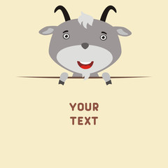 Funny goat looks out from behind the text. Postcard with cartoon goat with a field for your text.