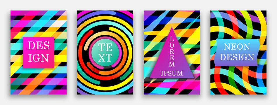 Vibrant vector templates of web banner, sale or discount, club party flyer, big data poster, fest invitation. Colorful set with neon colors. Futuristic abstract design with trendy geometric shapes.