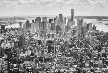 Black and white picture of the New York skyline, USA.
