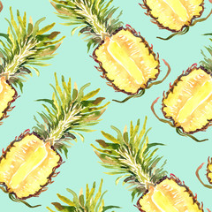 Pineapple cut halves, seamless pattern design, hand painted watercolor illustration, soft blue background