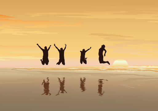 Freedom and independence concept background, Silhouette of happy people jumping on sea beach - Vector illustration 