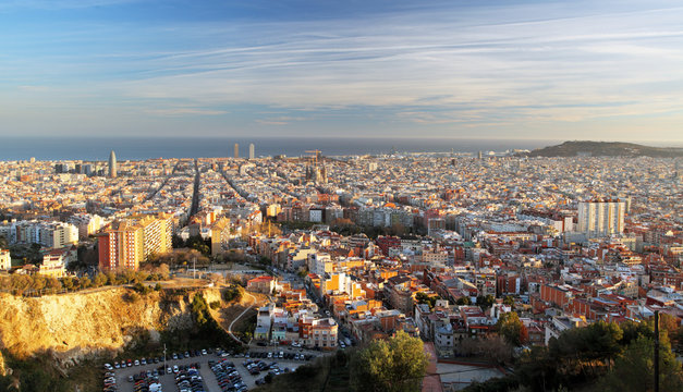 Barcelona skyline at sunset, Spain.