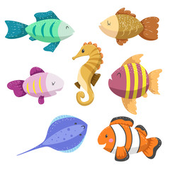 Set of tropical sea and ocean animals. Seahorse, clown fish, stingray and different types of fish. Wildlife and tropic reef vector illustration icons.