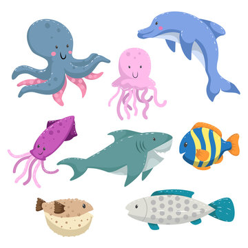Sea animals cartoon set. Trendy design sea and ocean wildlife. Isolated vector illustration. Octopus, dolphin, shark, jellyfish, squid, striped color fish, blowfish and gray dotted fish.
