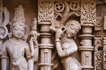 Carved idol on the inner wall of Rani ki vav,  an intricately constructed stepwell on the banks of Saraswati River. Patan, Gujarat, India