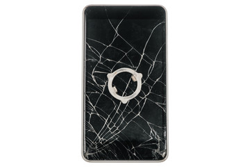 Modern smart phone with a broken screen and piece of iron on a white background. Isolated.