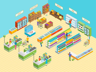 Supermarket or Shop Interior with Furniture Isometric View. Vector