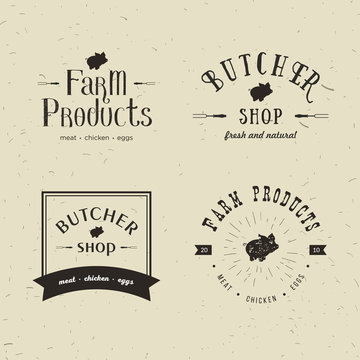 Set of retro styled butchery logo templates. Emblem of Butchery meat shop with Pig silhouette, text The Butchery, Fresh Meat, farm products. Farmer shop, market, restaurant or design banner, sticker.