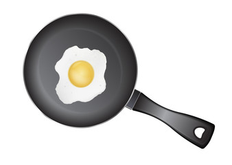 Realistic vector fried egg on black pan isolated on a white background, top view.