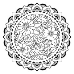 Circular pattern in the form of a mandala. Henna tatoo mandala. Mehndi style. Decorative pattern in oriental style. Coloring book page.