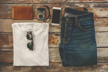 Simple Denim Vintage Classic Hipster Look Clothing Overhead  view choice guide idea for planning travel around the world  