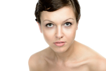 Fototapeta premium close up portrait of beautiful woman with short hairstyle naked shoulders isolated