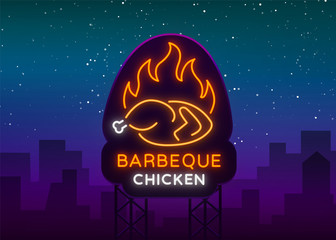 Logo Chicken Barbecue is a neon-style logo for a food store and a restaurant. Neon sign, night bright advertising chicken grill. Vector illustration. Billboard