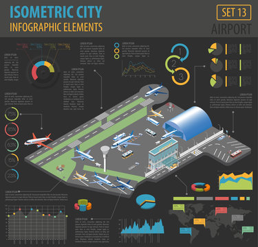 3d isometric airport and city map constructor elements isolated on white. Build your own infographic collection