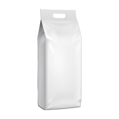 Blank Stand Up Pouch Snack Sachet Bag With Handle. Mock Up, Template. Illustration Isolated On White Background. Ready For Your Design. Product Packaging. Vector EPS10