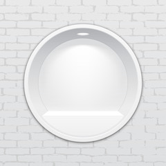 Empty Round Circle Niche Shelf Display In The Brick Wall. To Present Your Product. Mock Up. 3D Illustration. Ready For Your Design. Advertising. Vector EPS10