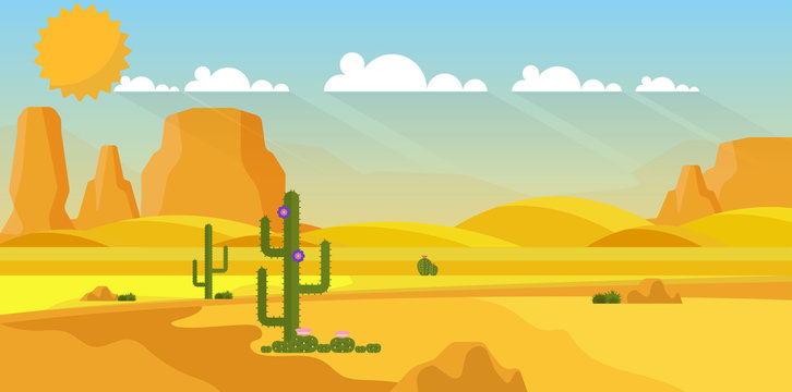 Vector background of landscape with desert and cactus