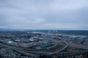 Port Mann Bridge and Trans-Canada Highway in Greater Vancouver, BC, Canada. Aerial Panoramic View