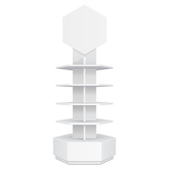 Hexagon, Hexagonal POS POI Cardboard Floor Display Rack For Supermarket Blank Empty. Mock Up. Illustration Isolated On White Background. Ready For Your Design. Product Advertising. Vector EPS10