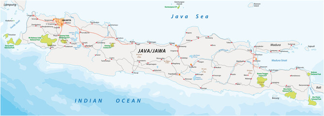 Vector road and national park map of the Indonesian island java - obrazy, fototapety, plakaty