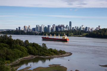 Ship in front of Downtown Vancouver