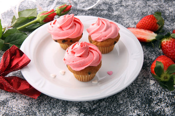Delicious cupcake for Valentine Day. cake for Valentines day with chocolate and strawberries. Traditional homemade with red roses