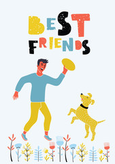 Hand drawn beautiful, cute, little girl with a dog on background with inscription Best friend. Vector illustration.