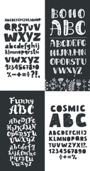 Calligraphic vector script font. Handwritten brush style letter. Hand lettering alphabet for logos, packaging design, poster. Typographic set on blue background.