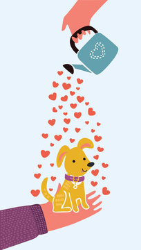Card with a picture of a girl hugging a puppy, with the words "I love my dog", vector illustration